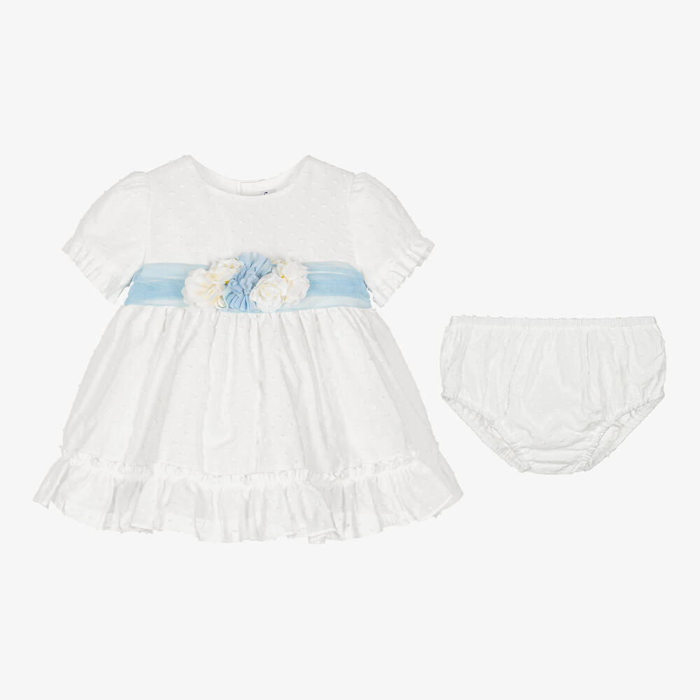 Miranda-Бело-голубое платье с цветами и чепчик | Childrensalon Outlet