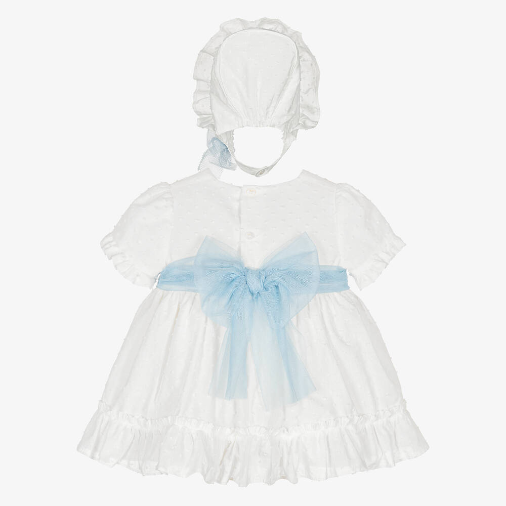 Miranda-Бело-голубое платье с цветами и чепчик | Childrensalon Outlet