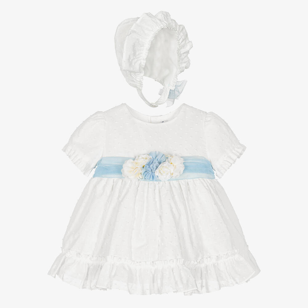 Miranda - Baby Girls White & Blue Floral Dress Set | Childrensalon