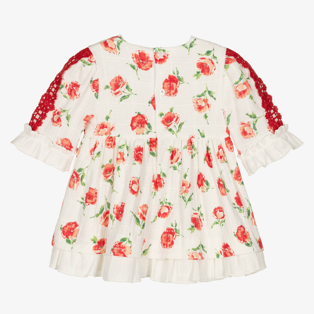 Miranda-Baby Girls White Cotton Rose Print Dress | Childrensalon Outlet