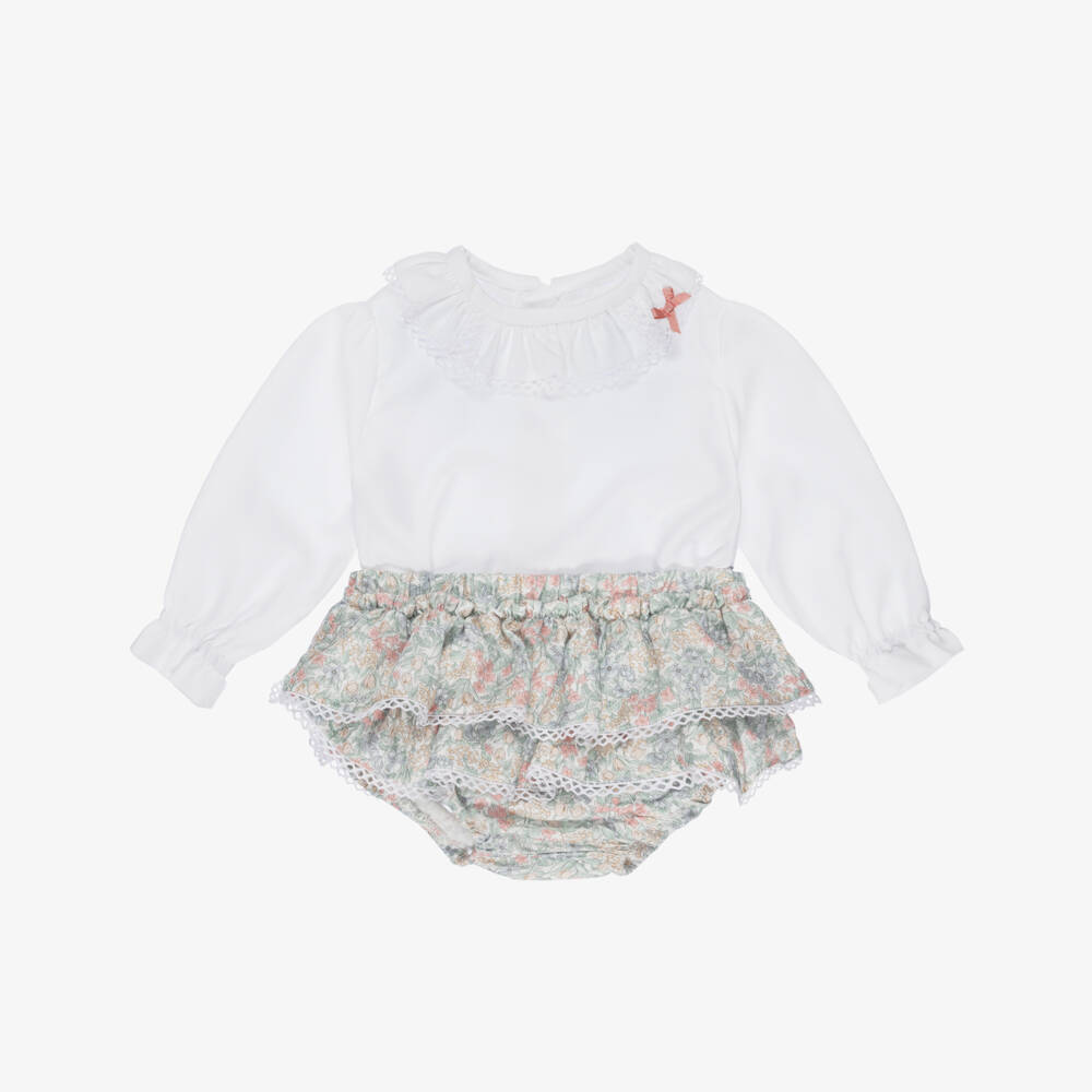 Miranda-Baby Girls White & Green Floral Cotton Shorts Set | Childrensalon Outlet