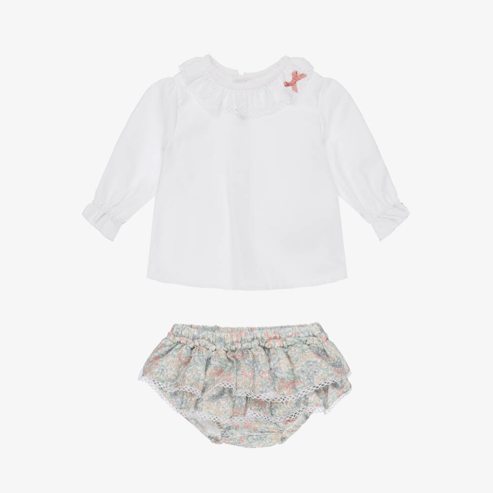 Miranda-Baby Girls White & Green Floral Cotton Shorts Set | Childrensalon Outlet