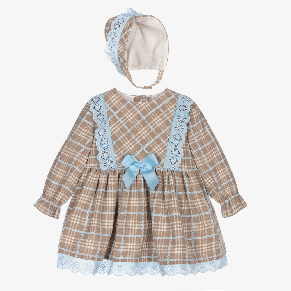 Miranda - طقم فستان مزيج قطن كاروهات لون بيج وأزرق | Childrensalon