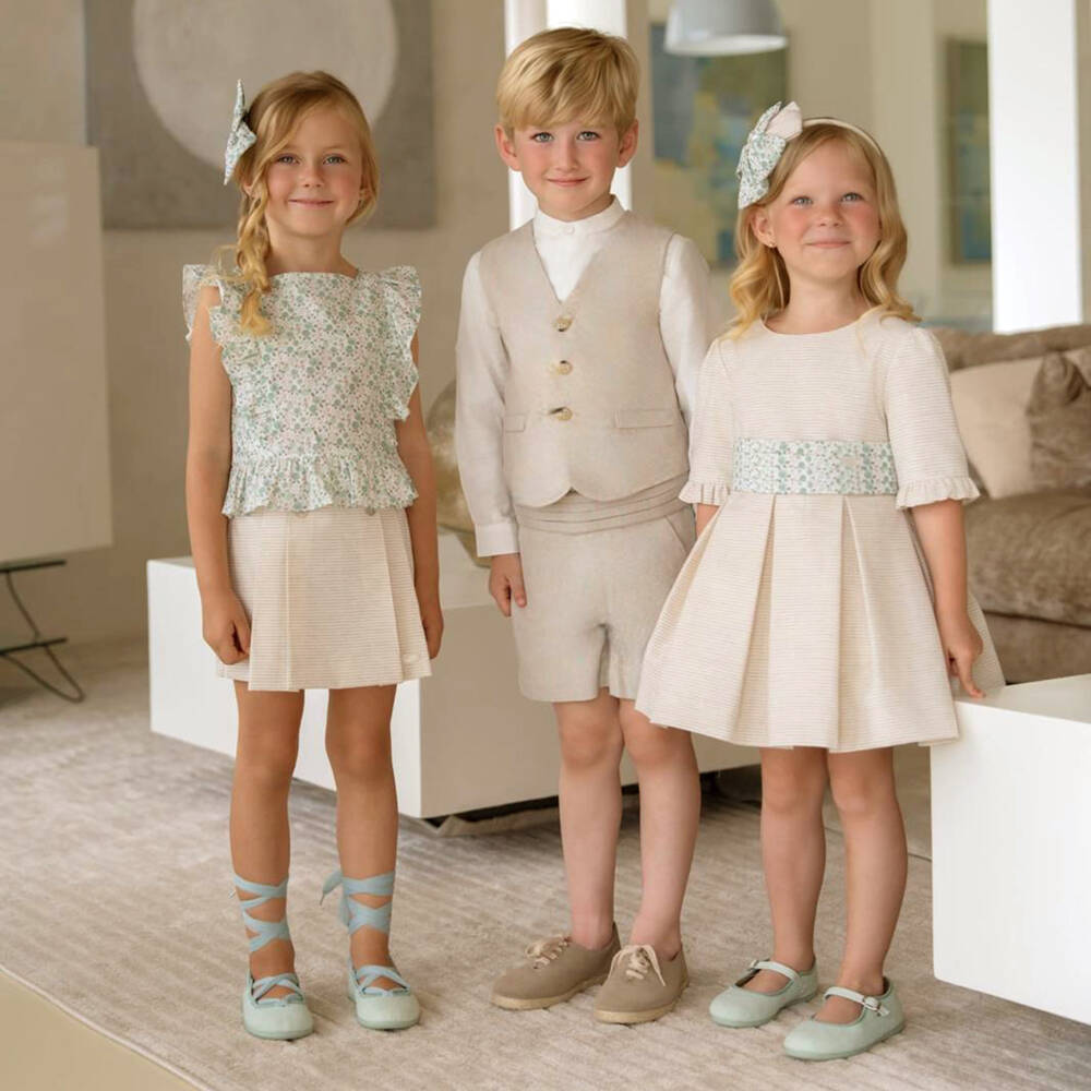 Miranda-Beige Shirt Short Waistcoat Set | Childrensalon Outlet