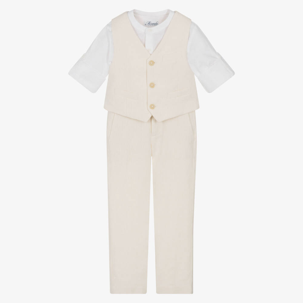 Miranda-Beige Shirt Trouser Waistcoat Set | Childrensalon Outlet