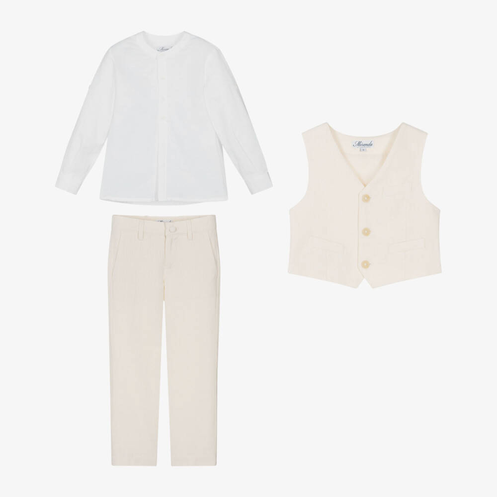 Miranda-Beige Shirt Trouser Waistcoat Set | Childrensalon Outlet