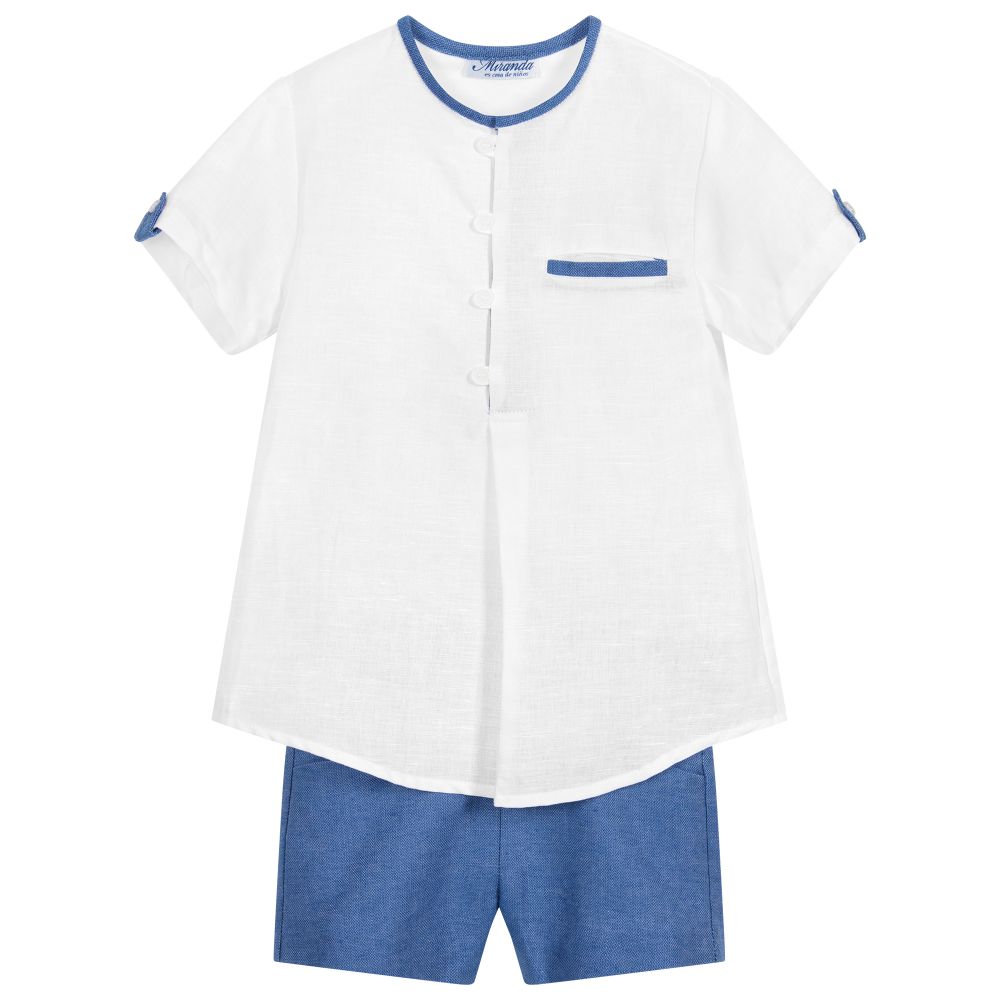 Miranda - Blue & White Linen Shorts Set | Childrensalon