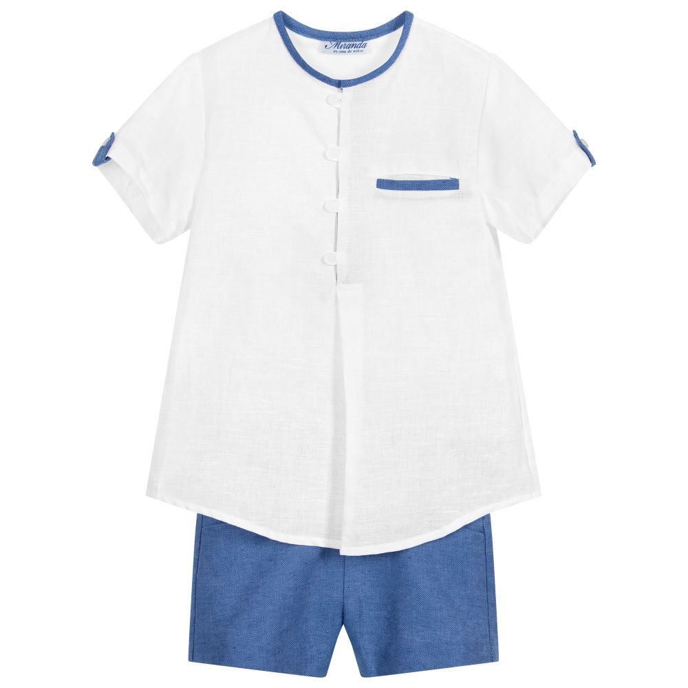 Miranda - Ensemble short bleu et blanc en lin | Childrensalon