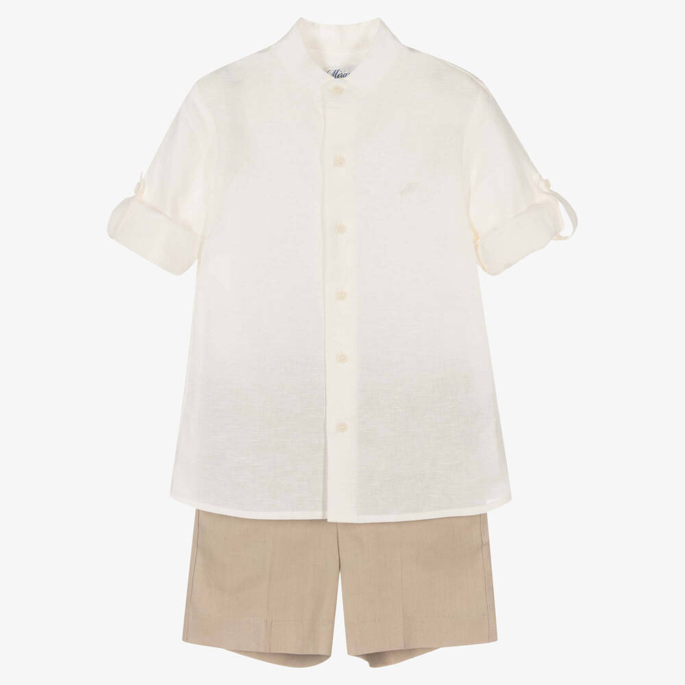 Miranda - Boys Beige Cotton & Linen Shorts Set | Childrensalon