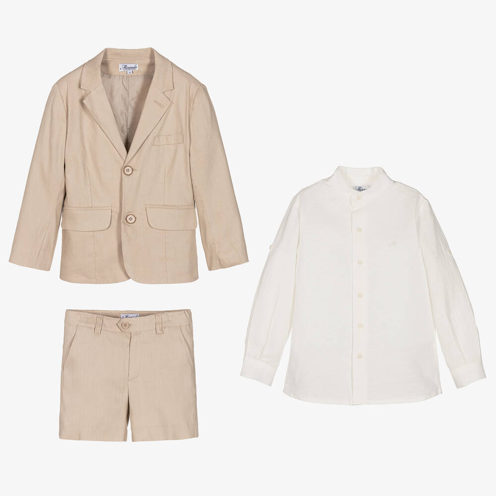 Miranda-Boys Beige Linen & Cotton Shorts Suit | Childrensalon Outlet