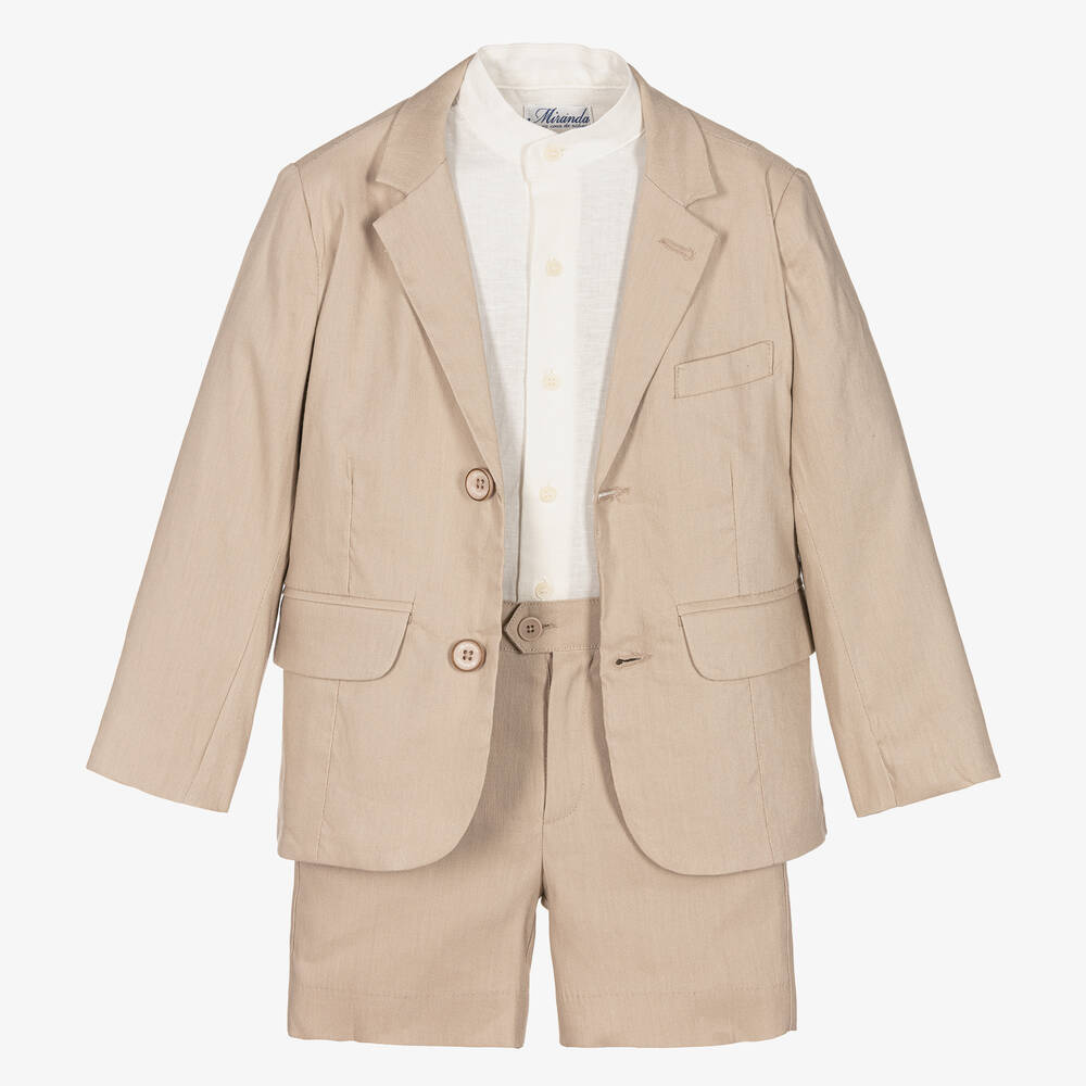 Boys Beige Linen Cotton Shorts Suit