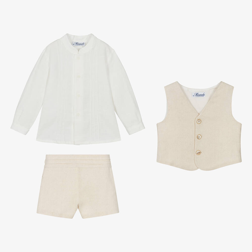 Miranda-Boys Beige Linen Shorts Set | Childrensalon Outlet