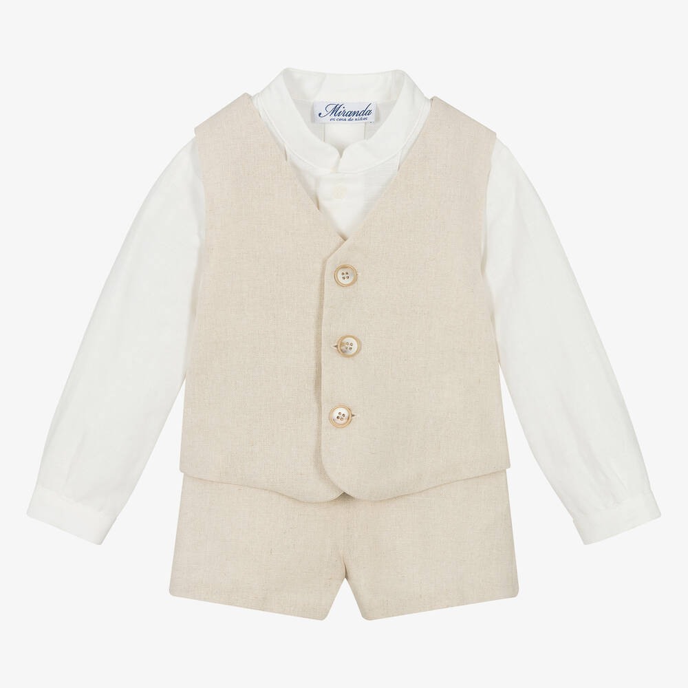 Miranda-Boys Beige Linen Shorts Set | Childrensalon Outlet