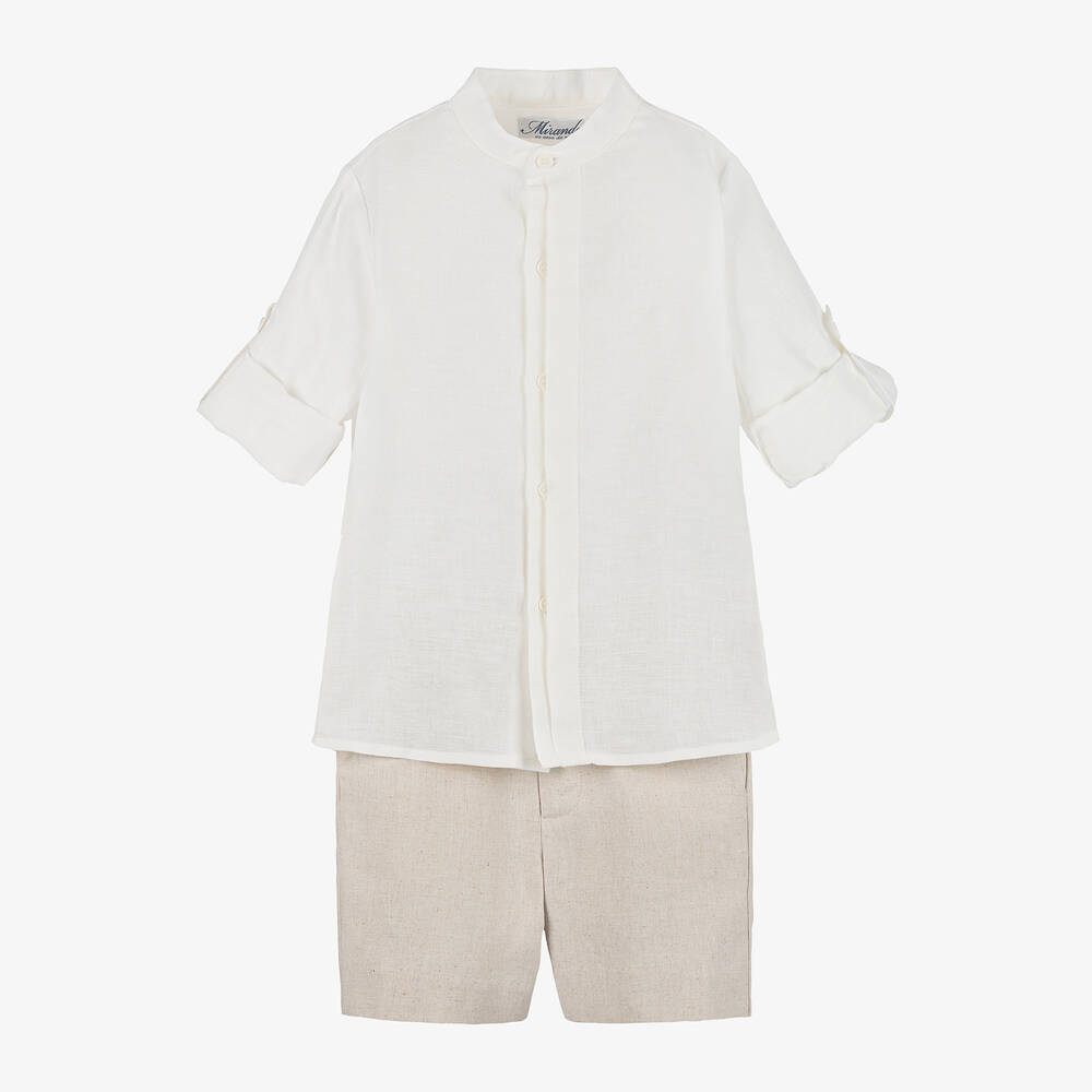 Miranda-طقم شورت كتان وفيسكوز لون بيج وعاجي للأولاد | Childrensalon Outlet