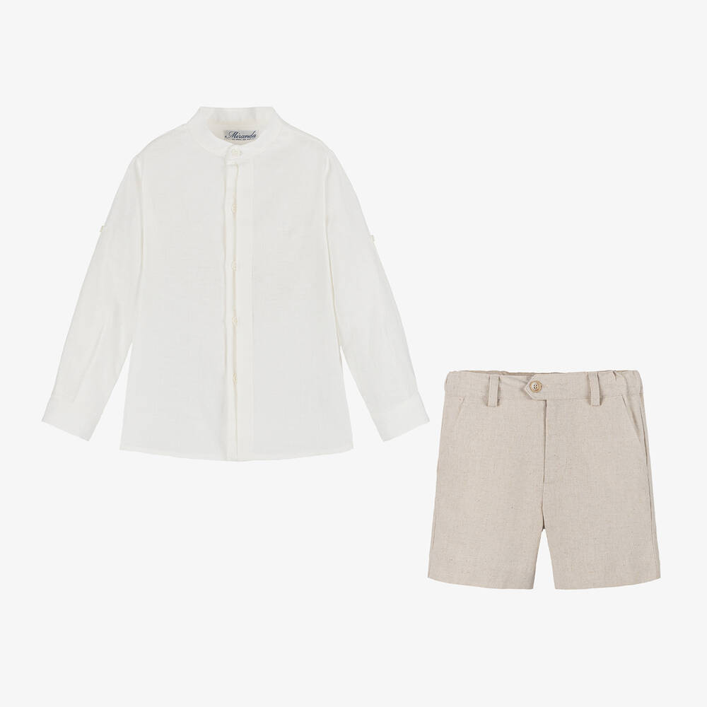Miranda-طقم شورت كتان وفيسكوز لون بيج وعاجي للأولاد | Childrensalon Outlet