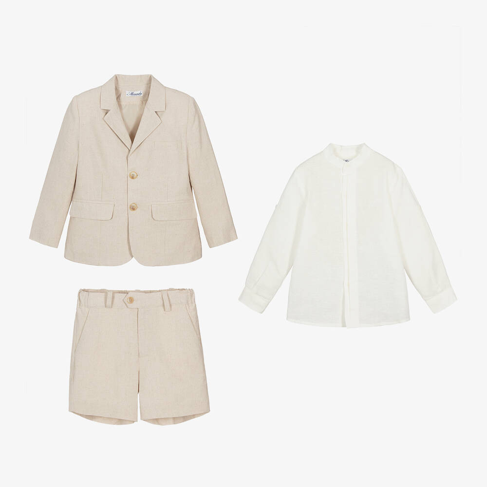 Miranda-Boys Beige Linen & Viscose Shorts Suit | Childrensalon Outlet