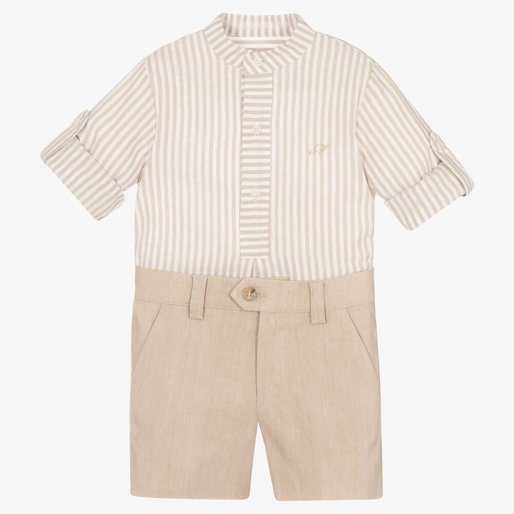 Miranda - Boys Beige Stripe Linen Shorts Set | Childrensalon