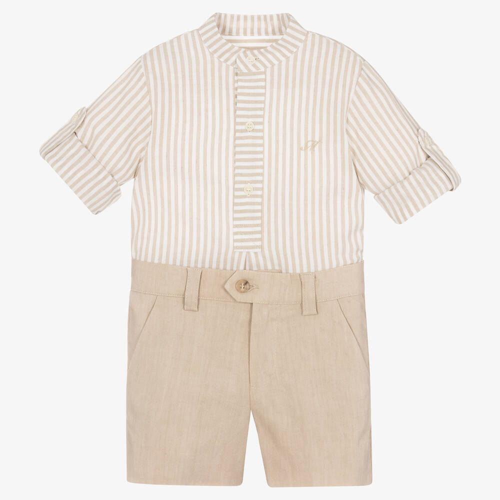 Miranda - Ensemble short beige rayé en lin | Childrensalon