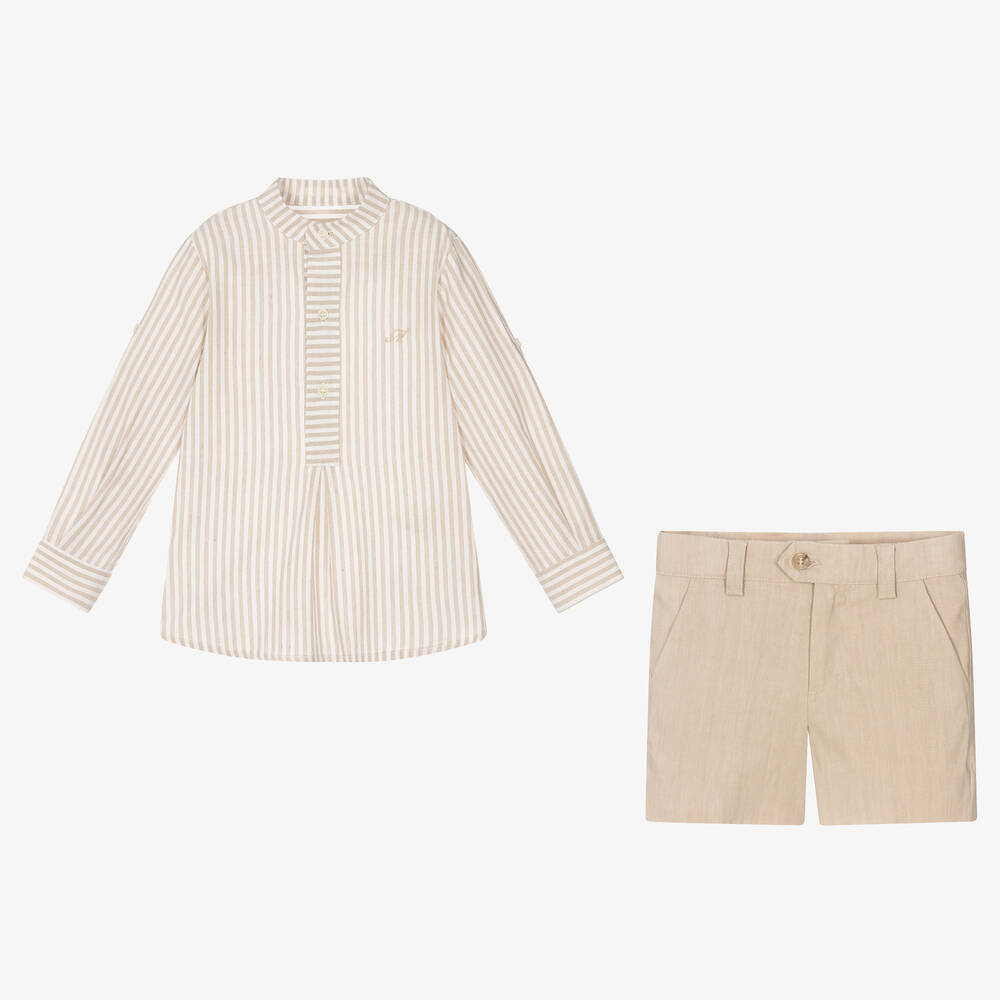 Miranda-طقم شورت مزيج قطن وكتان مقلم لون بيج للأولاد | Childrensalon Outlet
