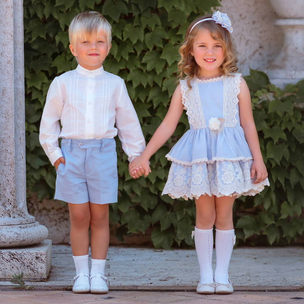 Miranda-Boys Blue Cotton & Linen Shorts Set | Childrensalon Outlet