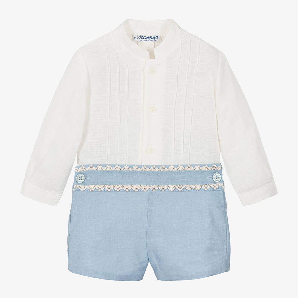 Miranda-Boys Blue Linen & Cotton Shorts Set | Childrensalon Outlet
