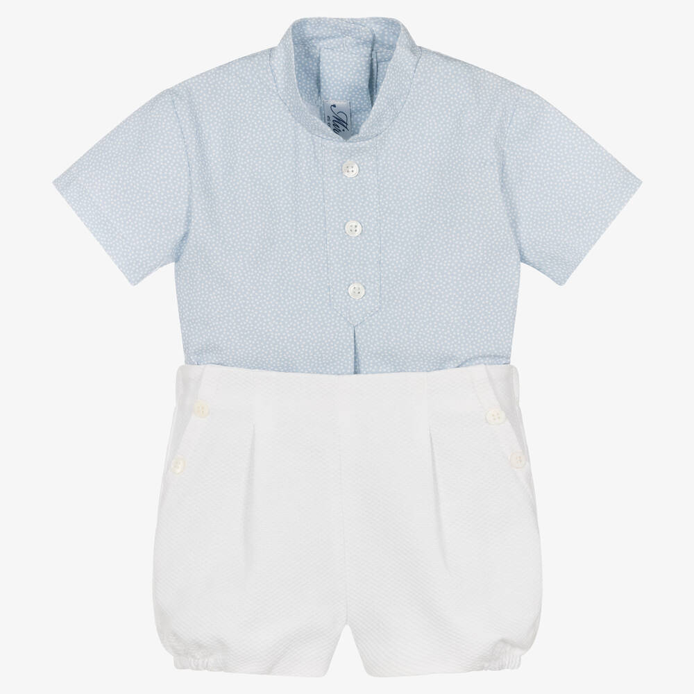 Miranda - طقم شورت وقميص قطن لون أزرق وأبيض للأولاد | Childrensalon