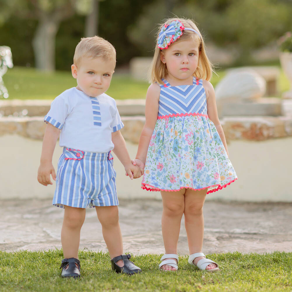 Miranda-Boys Blue Stripe Cotton Shorts Set | Childrensalon Outlet