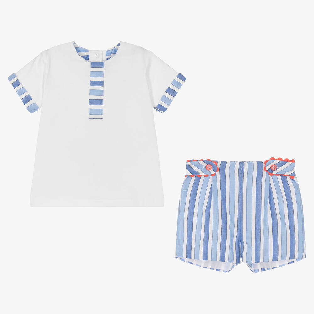 Miranda-Boys Blue Stripe Cotton Shorts Set | Childrensalon Outlet
