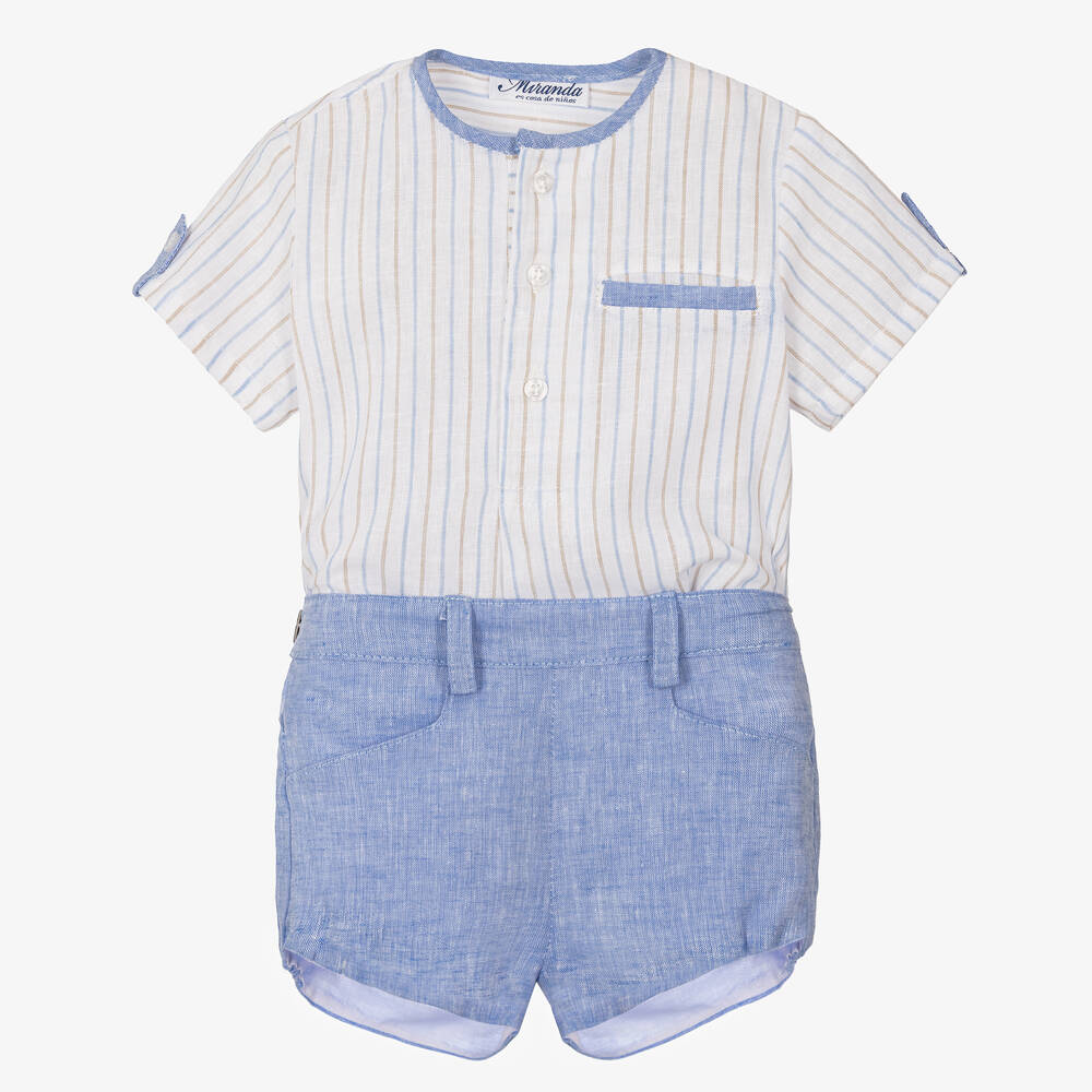 Miranda-Boys Blue Striped Linen Shorts Set | Childrensalon Outlet