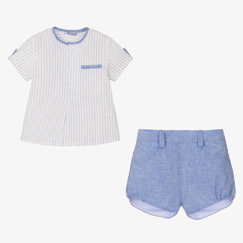 ميراندا-طقم شورت أطفال ولادي قطن وكتان مقلم لون أزرق | Childrensalon Outlet