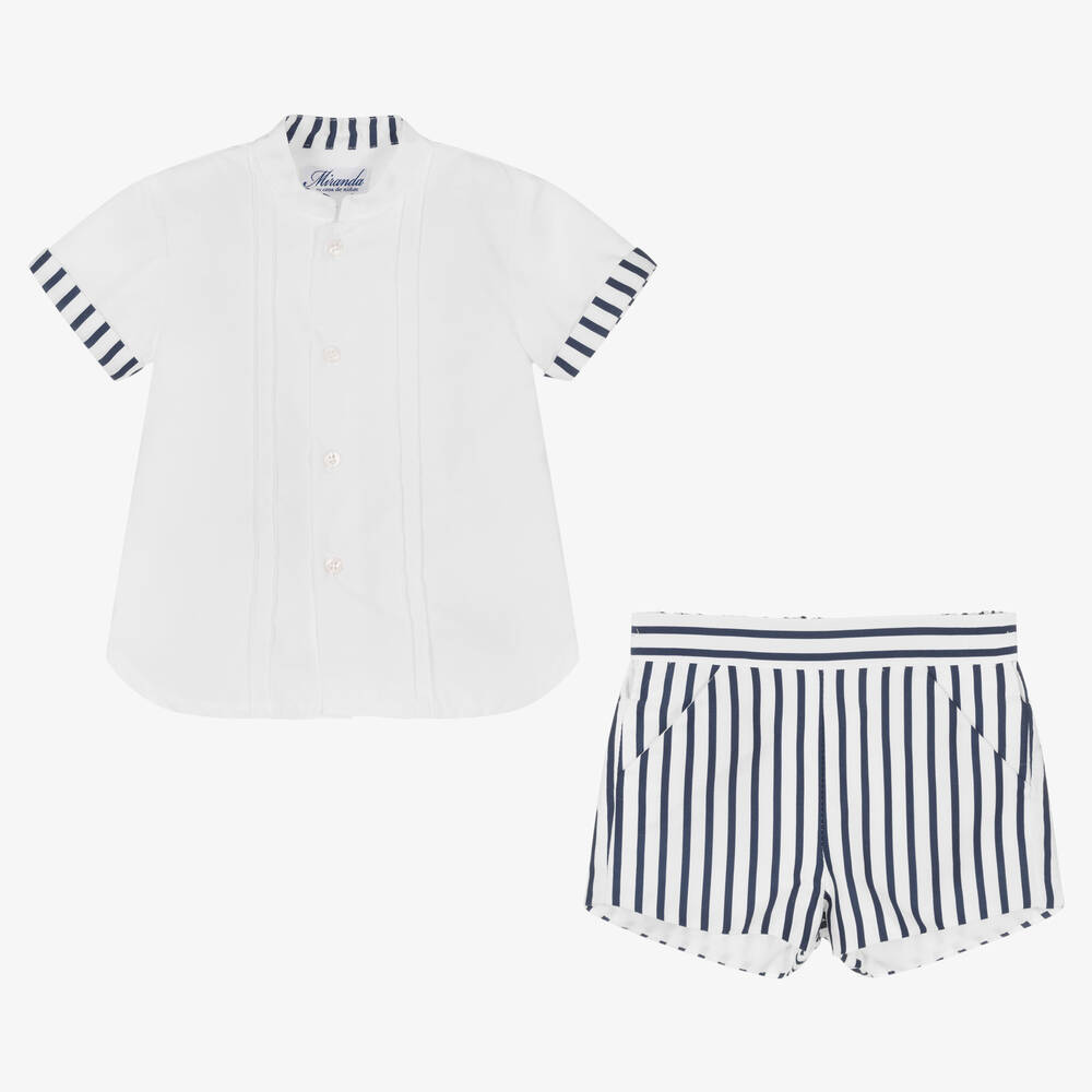 Miranda-Boys Blue & White Striped Shorts Set | Childrensalon Outlet