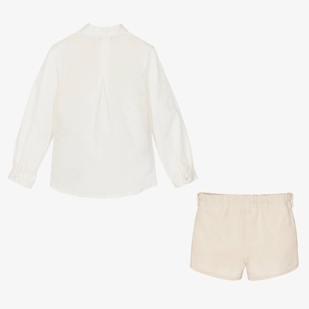 Miranda-Boys Ivory & Beige Linen Shorts Set | Childrensalon Outlet
