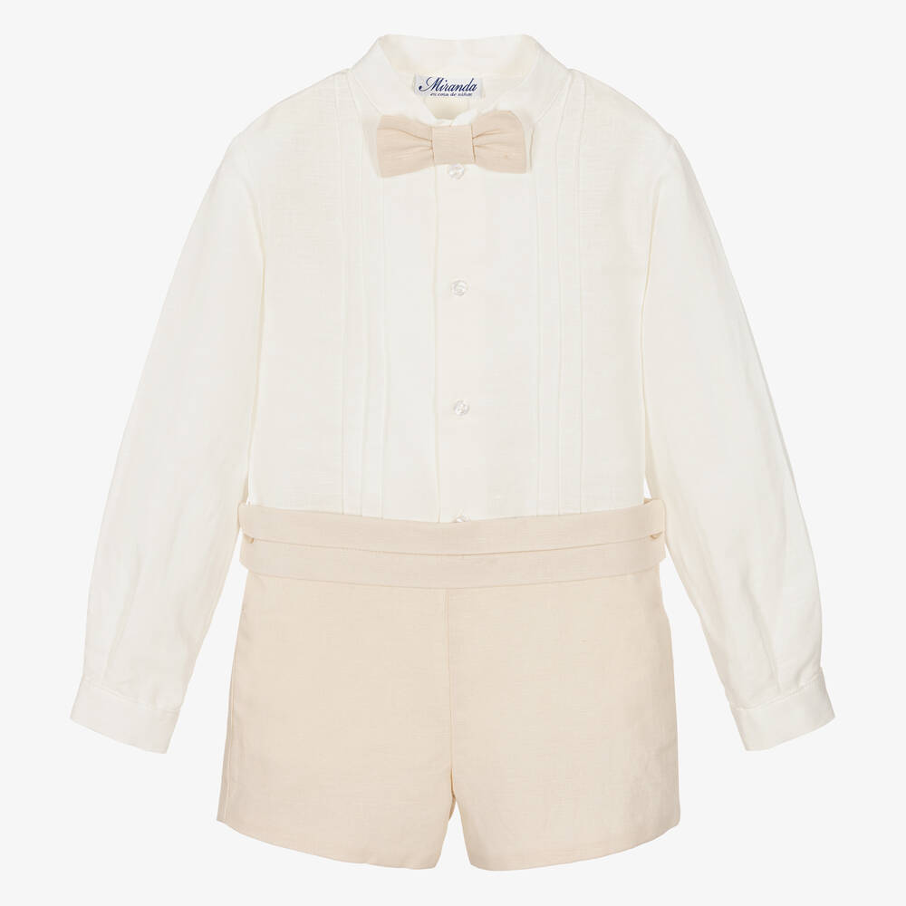 Miranda-Boys Ivory & Beige Linen Shorts Set | Childrensalon Outlet