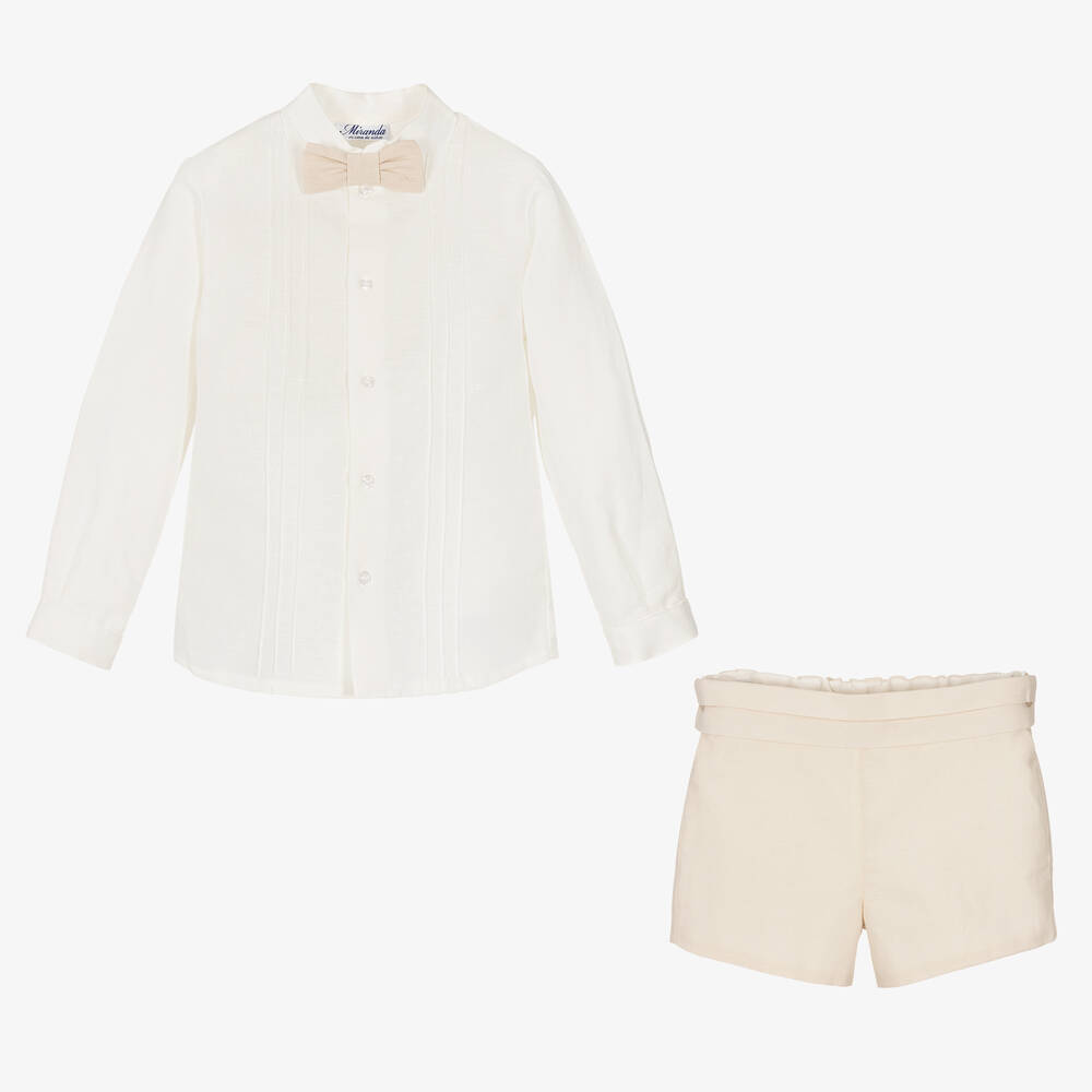Miranda-Boys Ivory & Beige Linen Shorts Set | Childrensalon Outlet