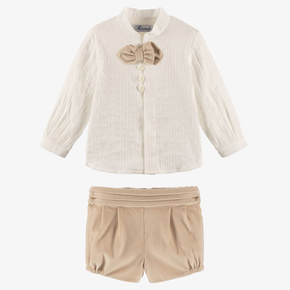 Miranda-Boys Ivory & Beige Velvet Shorts Set | Childrensalon Outlet