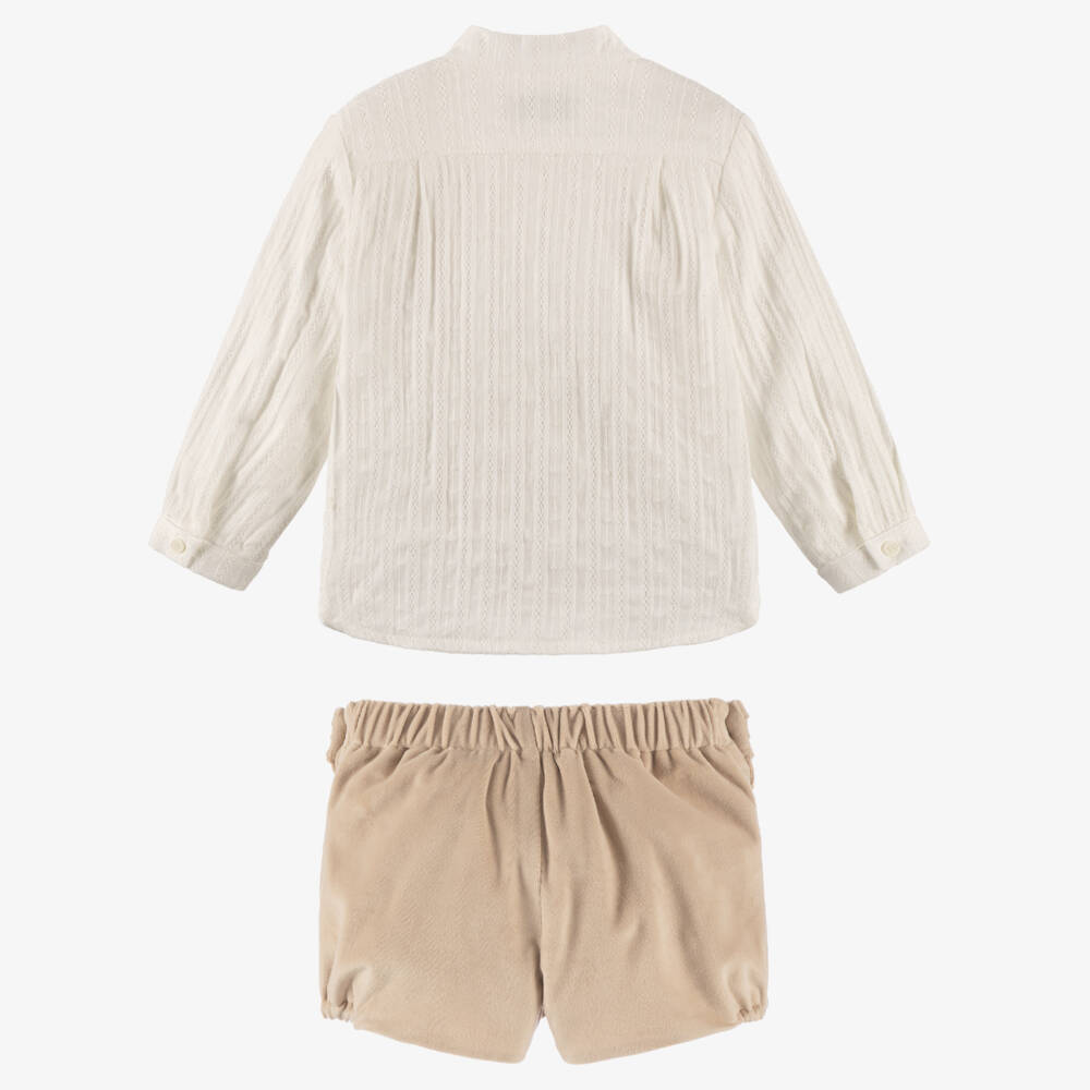 Miranda-Boys Ivory & Beige Velvet Shorts Set | Childrensalon Outlet