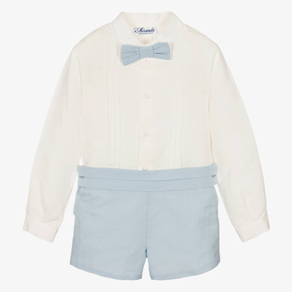 Miranda - Boys Ivory & Blue Linen Shorts Set | Childrensalon