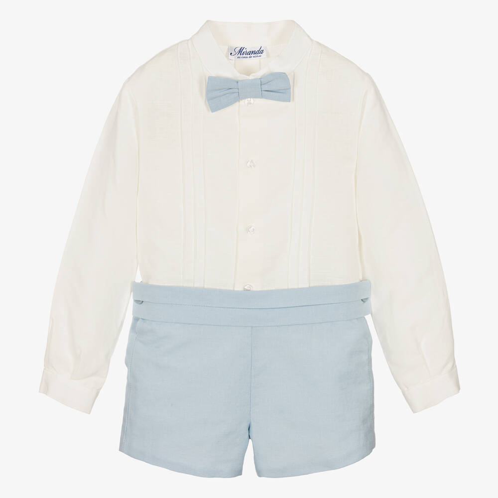 Miranda-Boys Ivory & Blue Linen Shorts Set | Childrensalon Outlet