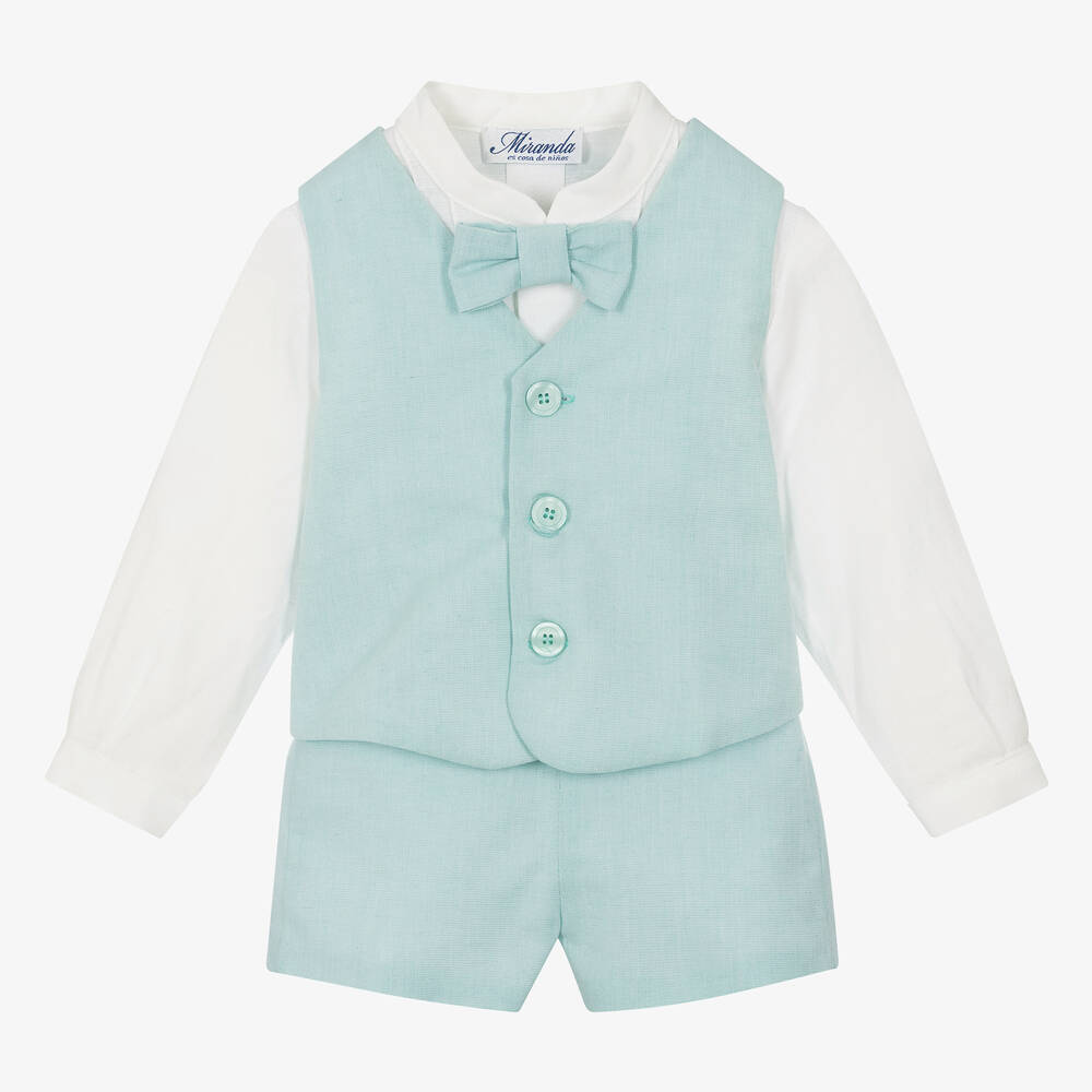 Miranda-Boys Ivory & Green Linen Shorts Set | Childrensalon Outlet