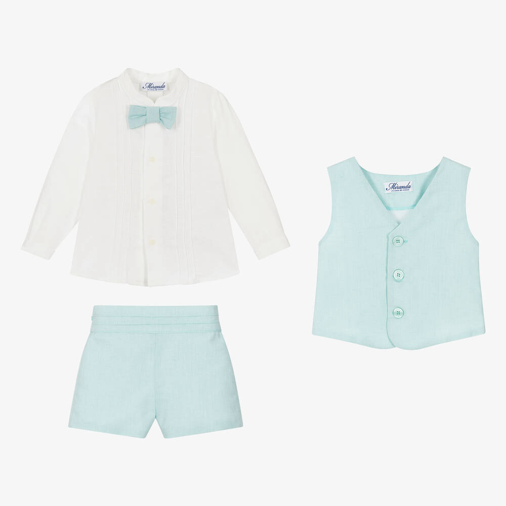 Miranda-طقم شورت قطن وكتان لون عاجي وأخضر للأولاد | Childrensalon Outlet