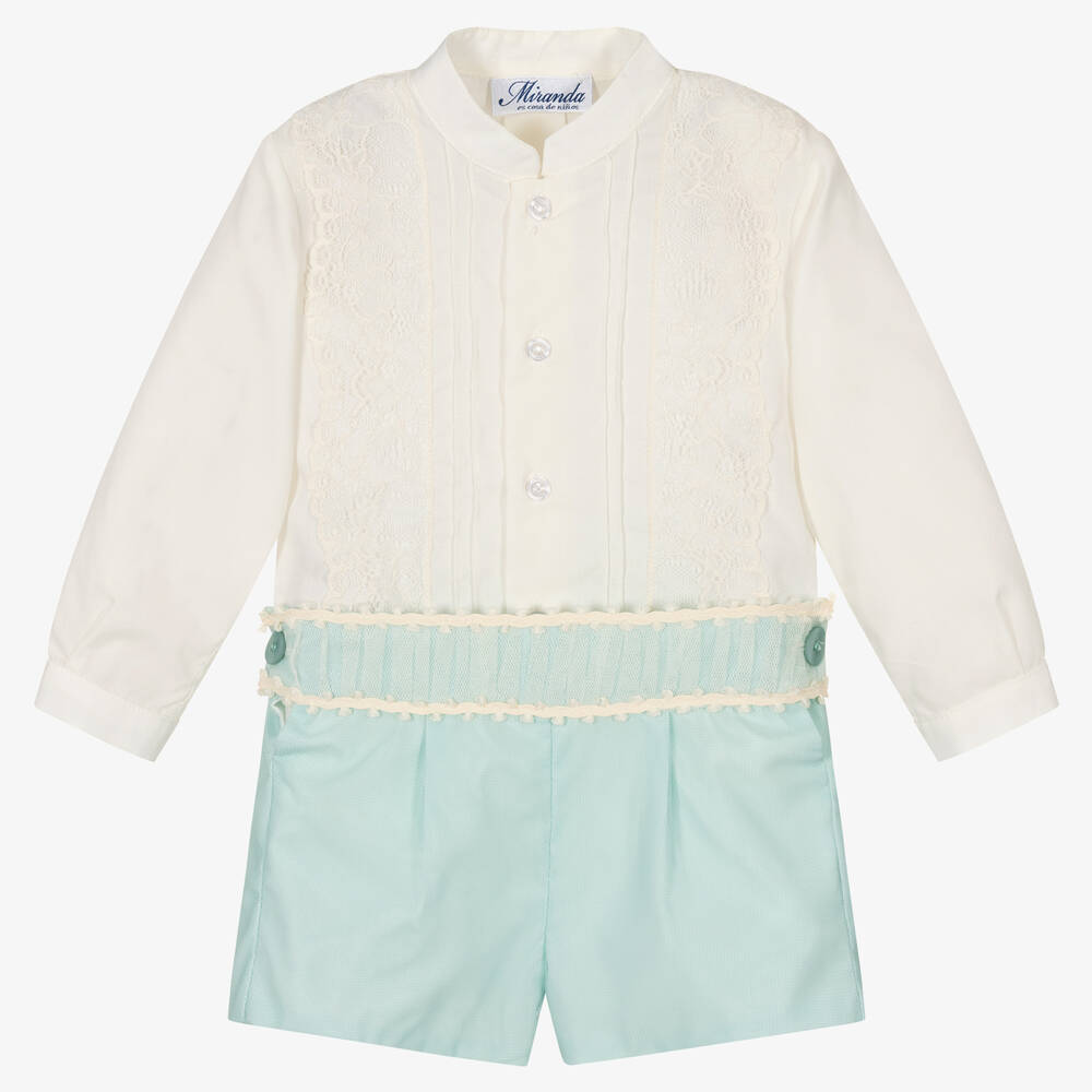 Miranda - Кремовая рубашка и зеленые шорты с отделкой из тюля | Childrensalon