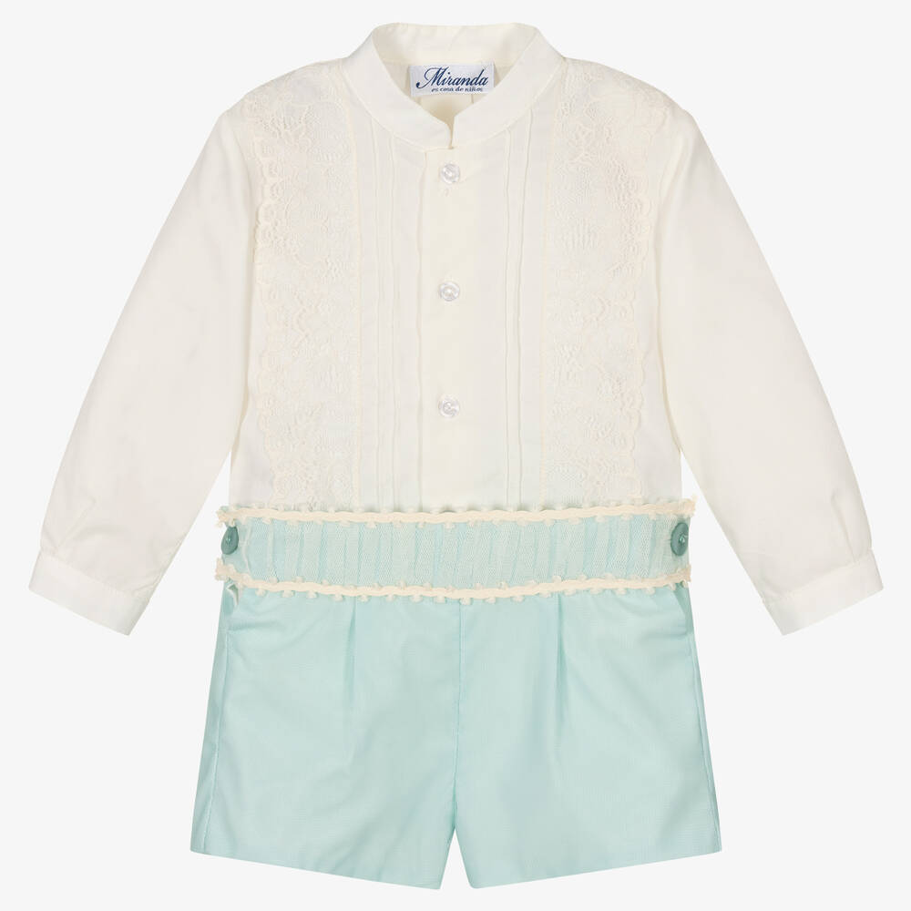 Miranda - Boys Ivory Lace & Green Tulle Shorts Set | Childrensalon