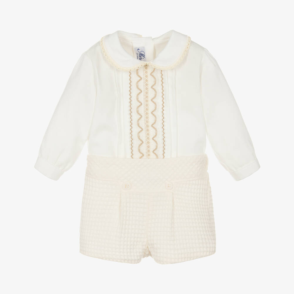 Miranda-Boys Ivory Waffle Cotton Shorts Set | Childrensalon Outlet