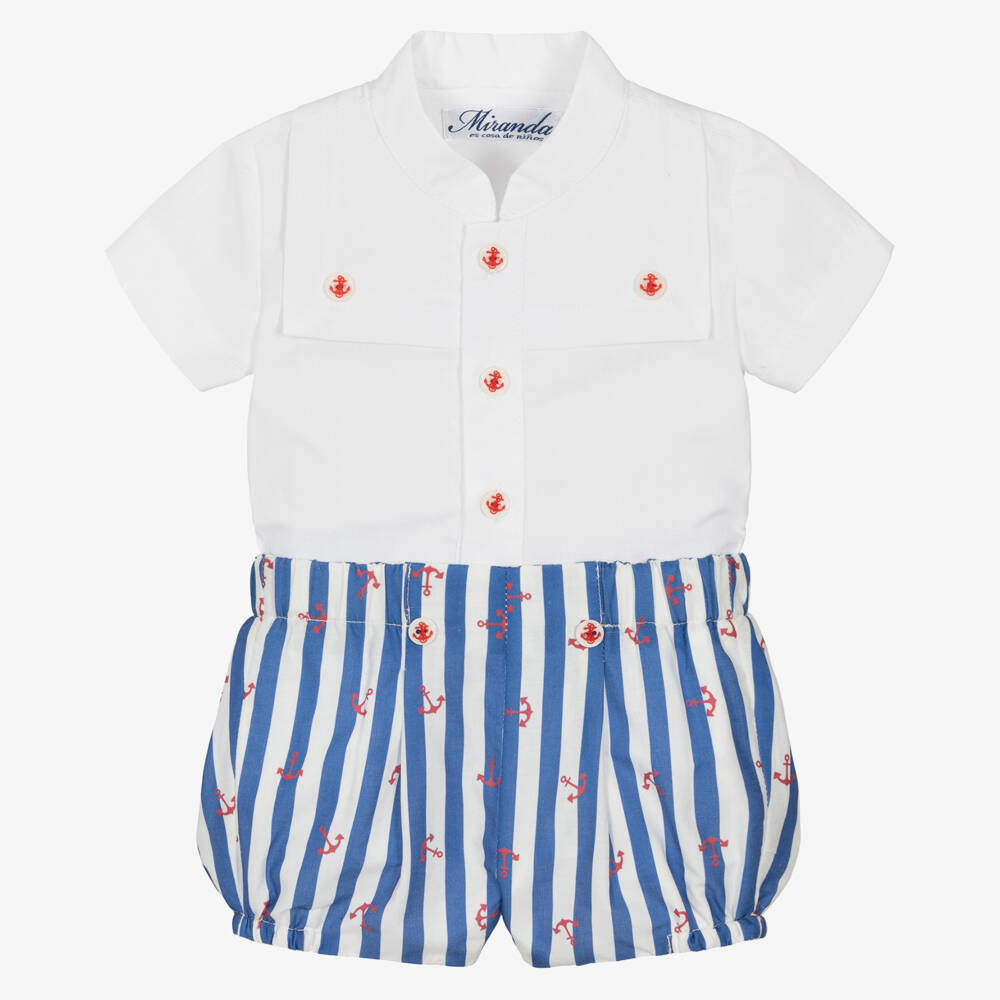 Miranda-Boys Nautical White & Blue Shorts Ensemble | Childrensalon Outlet