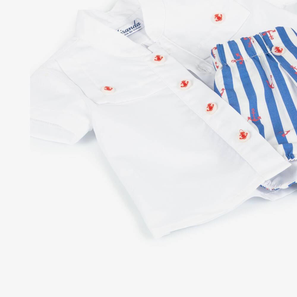 Miranda-Boys Nautical White & Blue Shorts Ensemble | Childrensalon Outlet
