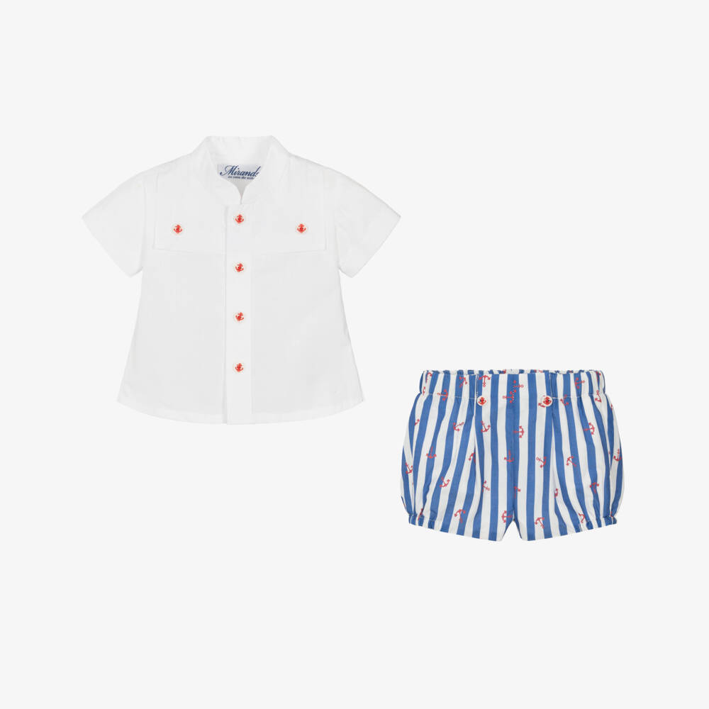 Miranda-Boys Nautical White & Blue Shorts Ensemble | Childrensalon Outlet