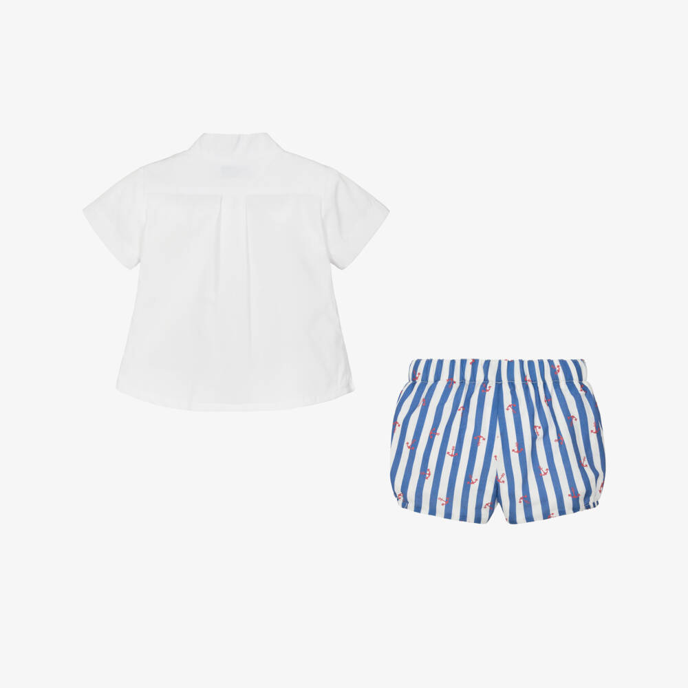 Miranda-Boys Nautical White & Blue Shorts Ensemble | Childrensalon Outlet
