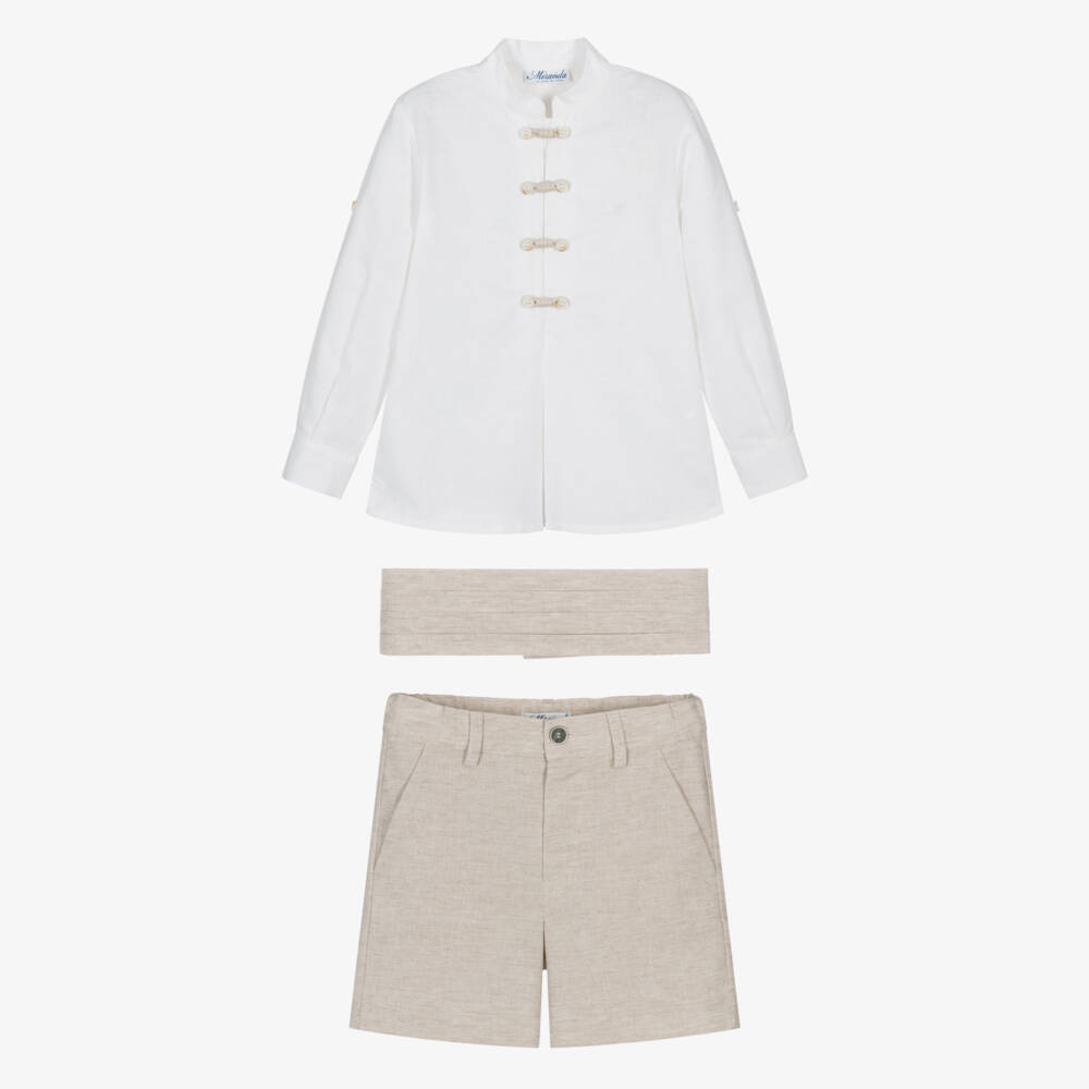 Miranda-Boys Neutral Linen Blend Shorts Ensemble | Childrensalon Outlet