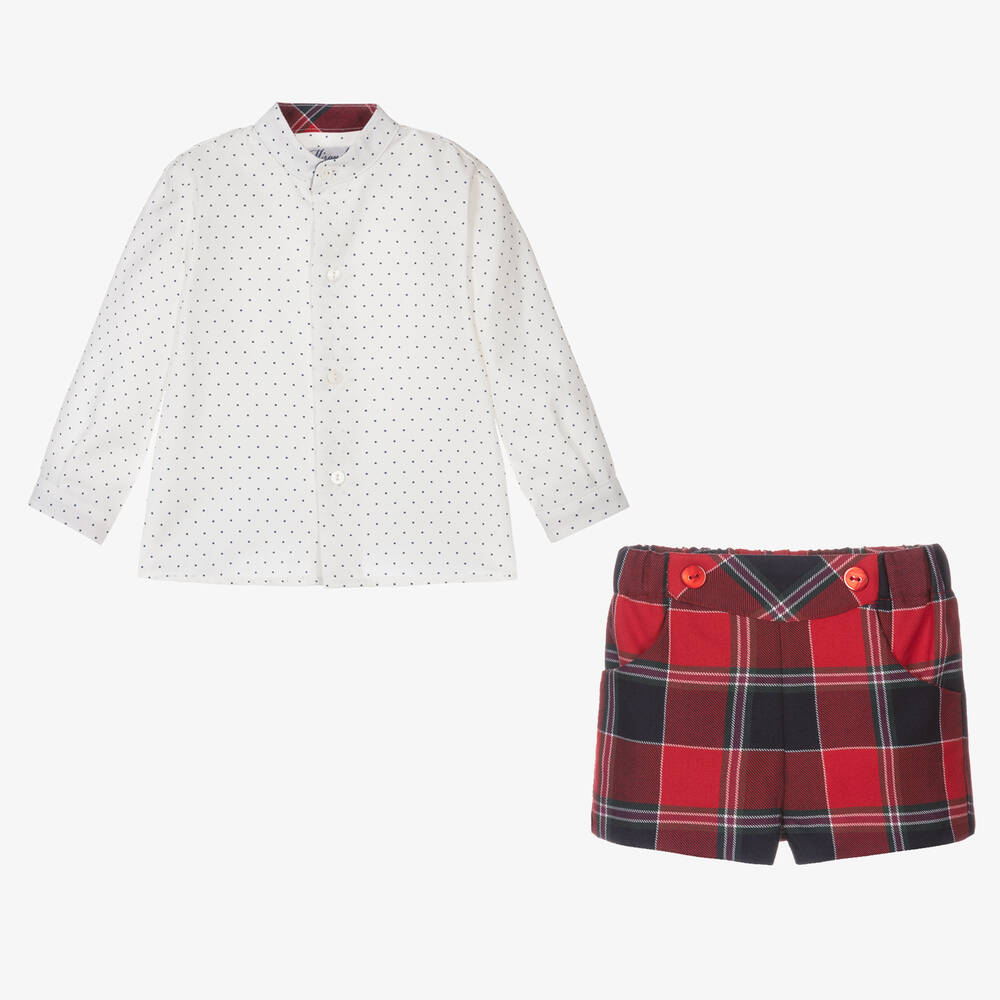 ميراندا-طقم شورت مزيج قطن تارتان لون أحمر أطفال ولادي | Childrensalon Outlet