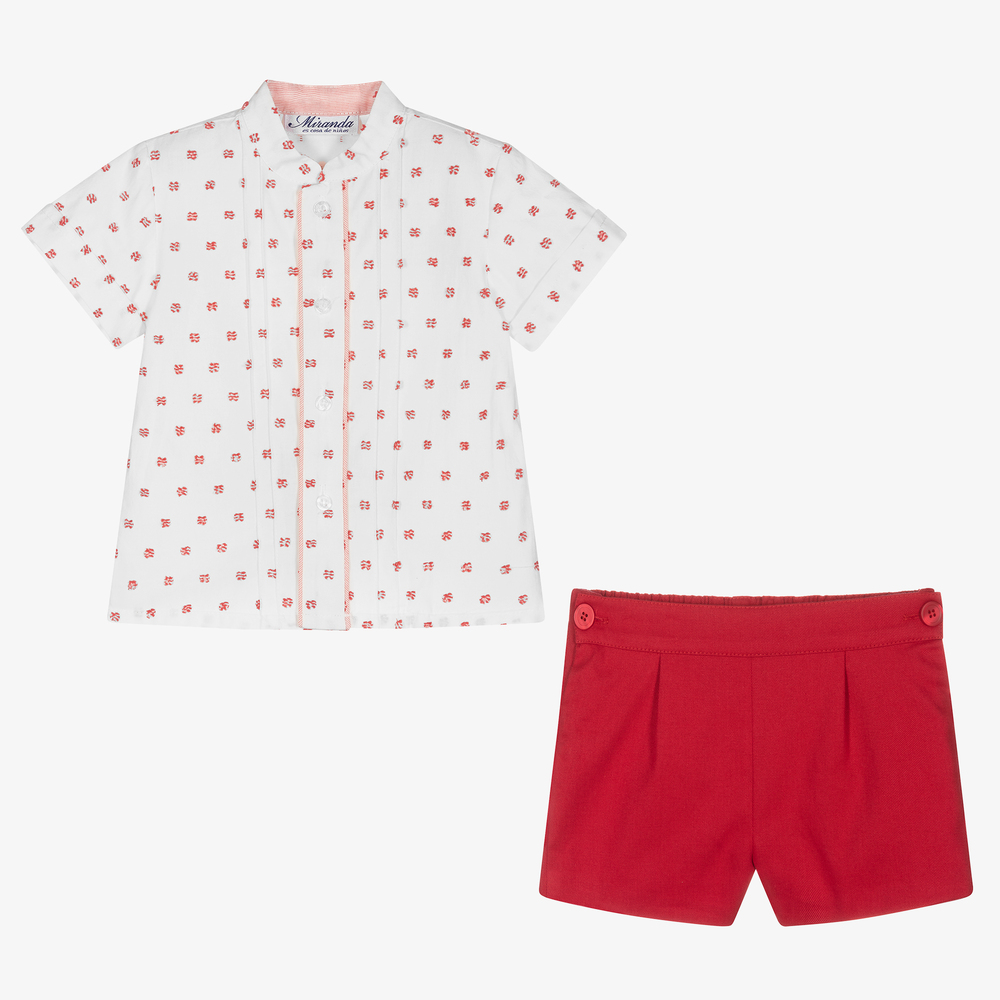 Miranda-طقم شورت قطن تويل لون أحمر وأبيض للأولاد | Childrensalon Outlet